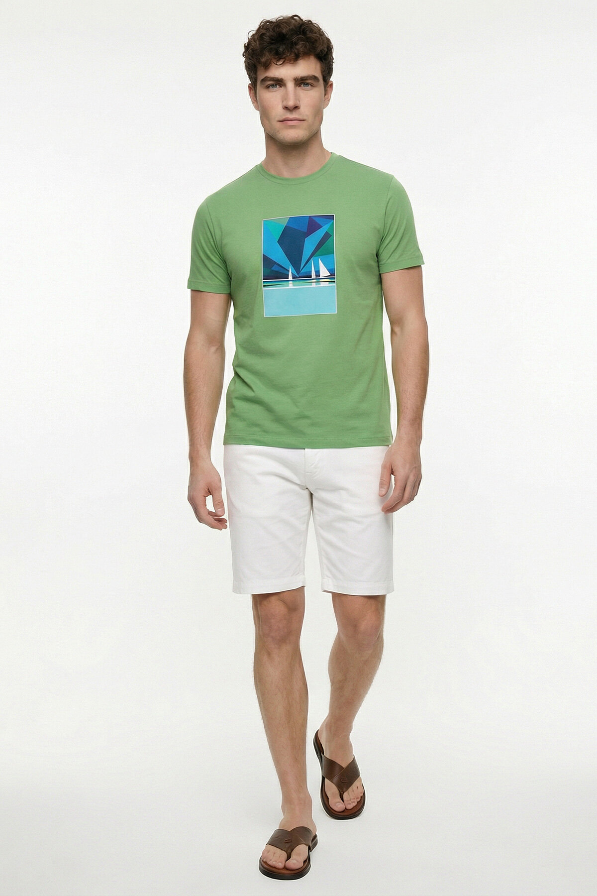 Green Cotton T-shirt with Marine Print - 2