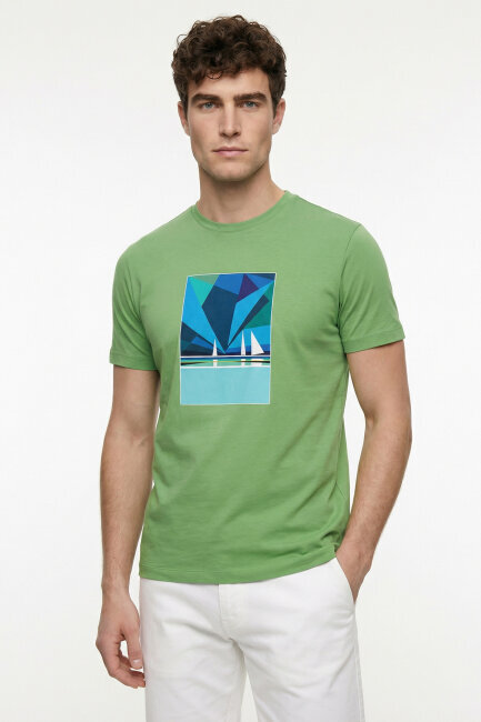 Green Cotton T-shirt with Marine Print - 1