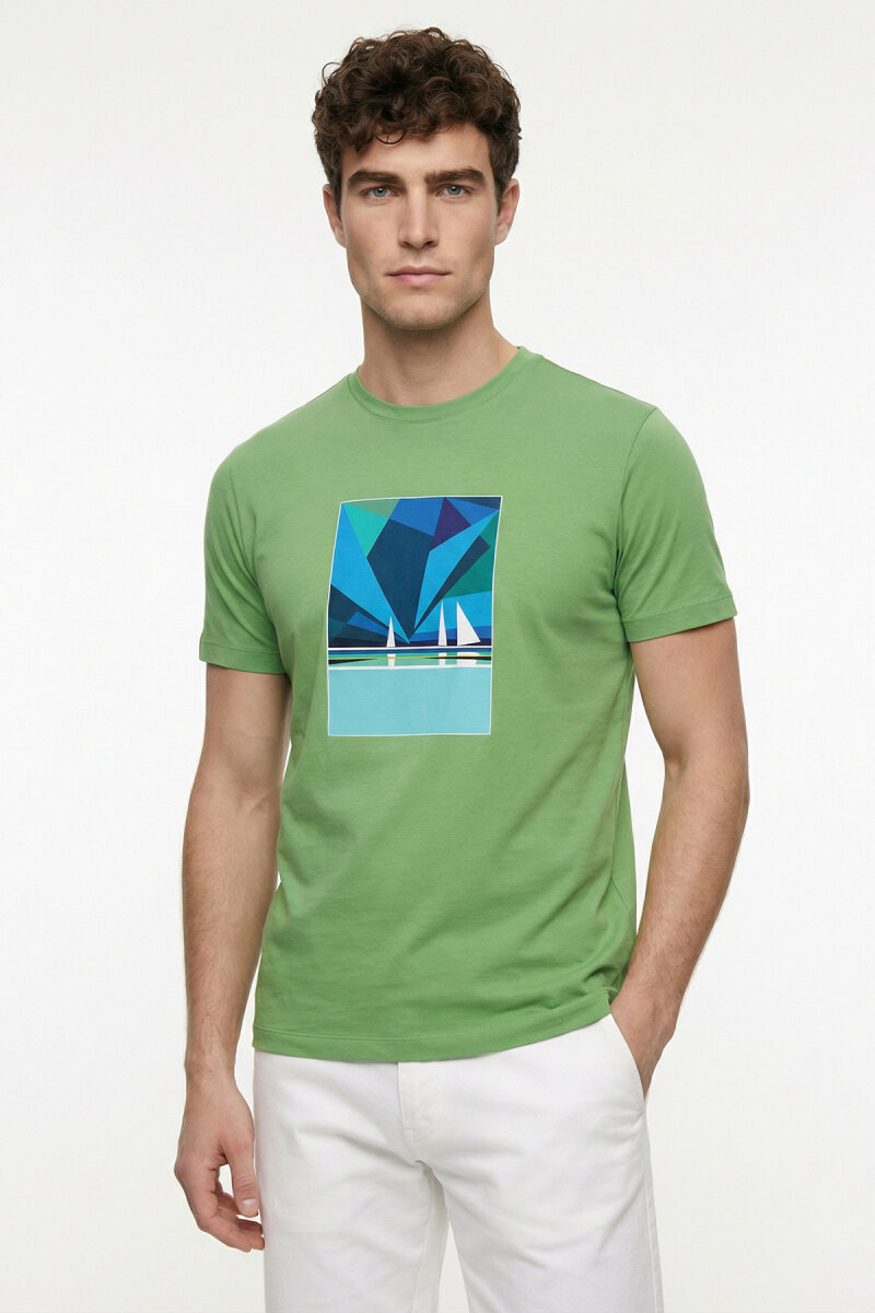 Green Cotton T-shirt with Marine Print
