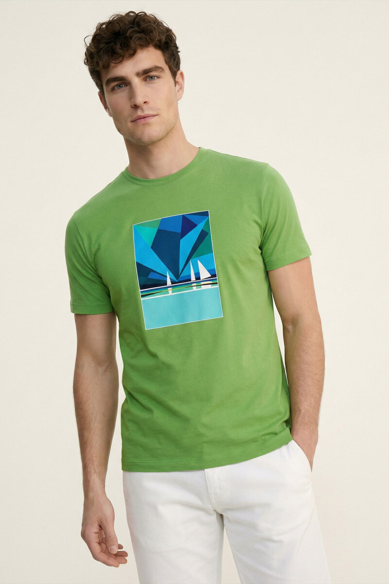 Green Cotton T-shirt with Marine Print - 5