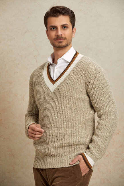 Beige 100% Cotton V-Neck Sweater - 2