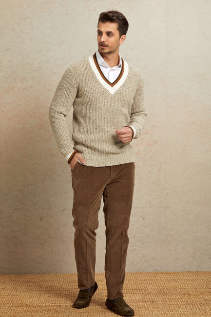 Beige 100% Cotton V-Neck Sweater - 3