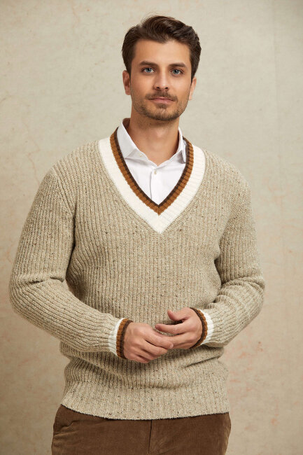 Beige 100% Cotton V-Neck Sweater - 5