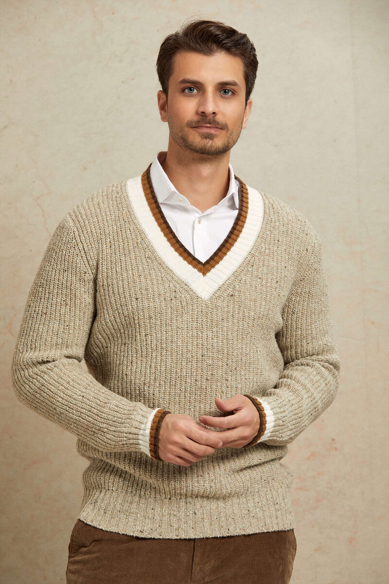 Beige 100% Cotton V-Neck Sweater - 5