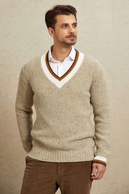 Beige 100% Cotton V-Neck Sweater - 6