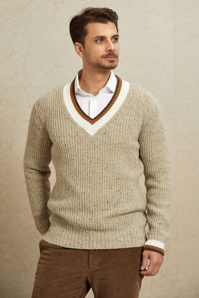 Beige 100% Cotton V-Neck Sweater - 6