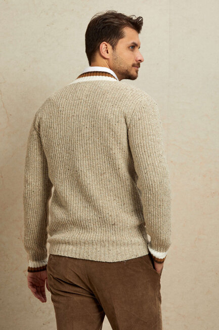 Beige 100% Cotton V-Neck Sweater - 7