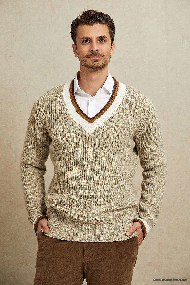 Beige 100% Cotton V-Neck Sweater