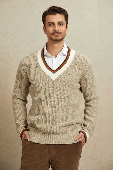 Beige 100% Cotton V-Neck Sweater 