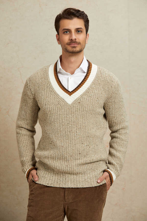 Beige 100% Cotton V-Neck Sweater - 1