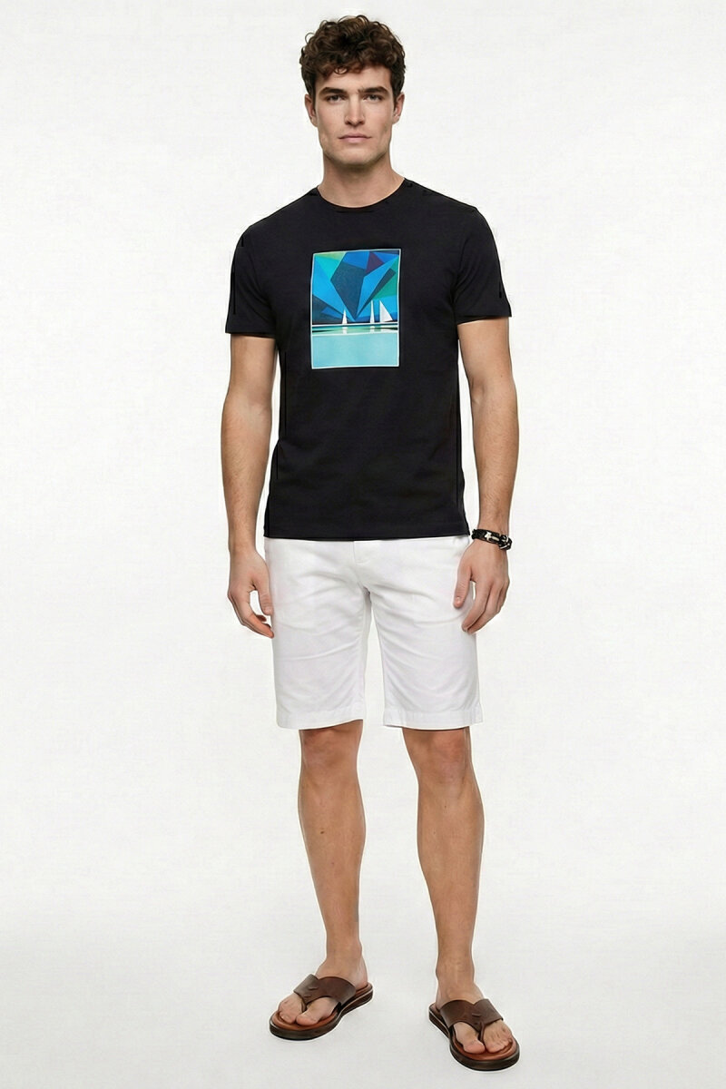 Black Cotton T-shirt with Marine Print - 1