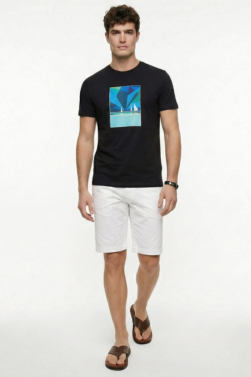 Black Cotton T-shirt with Marine Print - 4