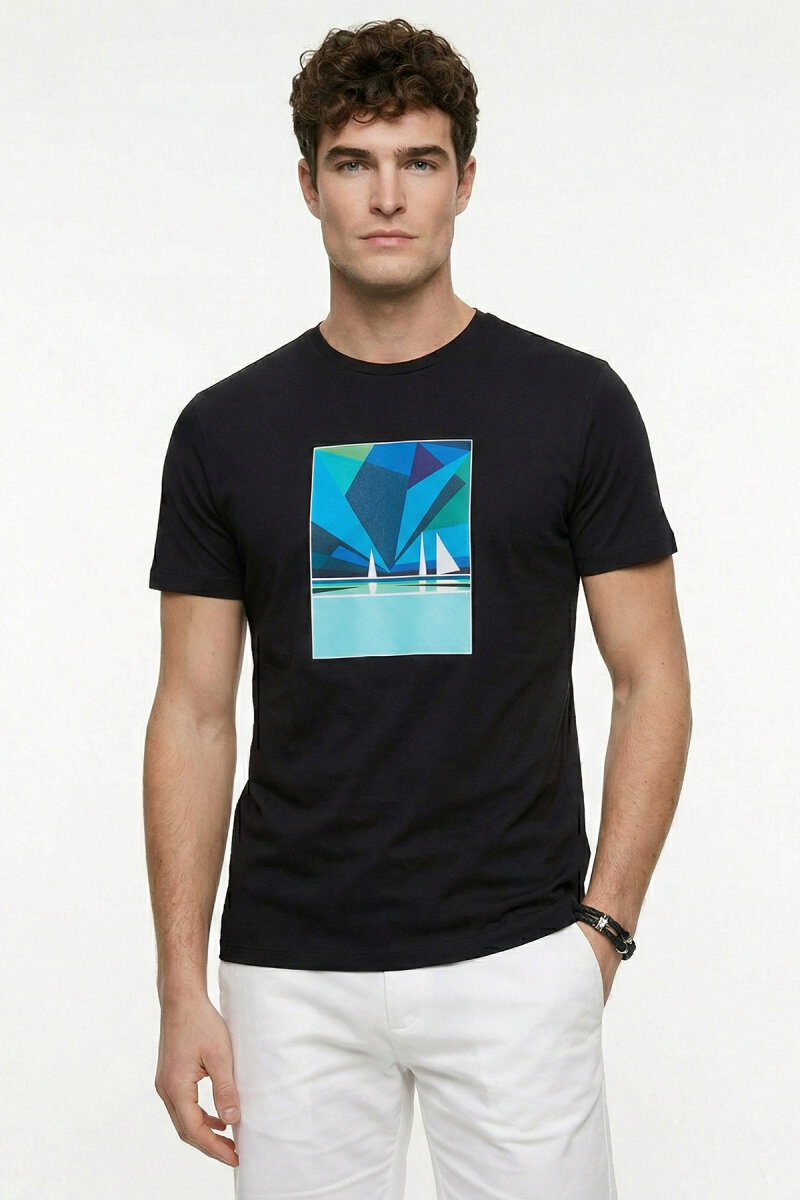 Black Cotton T-shirt with Marine Print - 2
