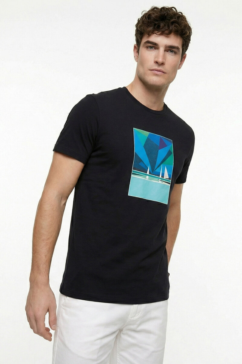 Black Cotton T-shirt with Marine Print - 6
