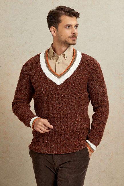 Tile-colored 100% Cotton V-Neck Sweater - 2