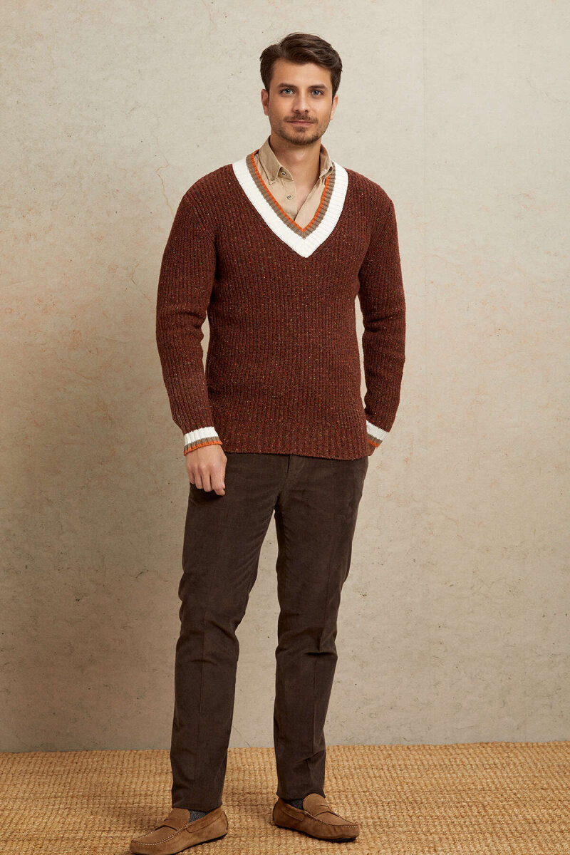 Tile-colored 100% Cotton V-Neck Sweater - 4