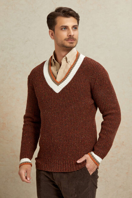 Tile-colored 100% Cotton V-Neck Sweater - 7