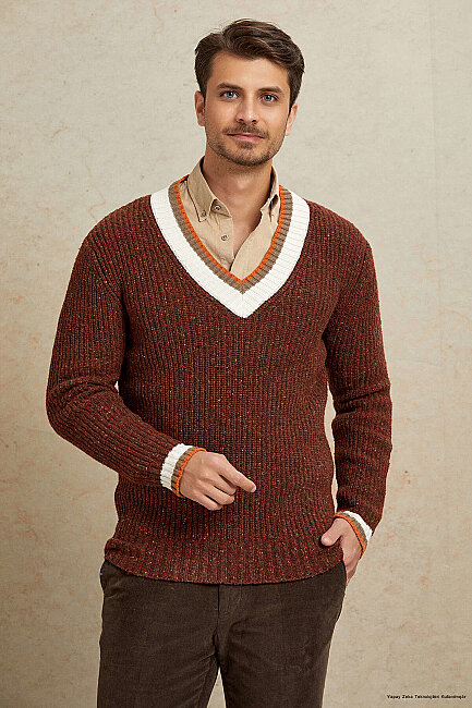 Tile-colored 100% Cotton V-Neck Sweater