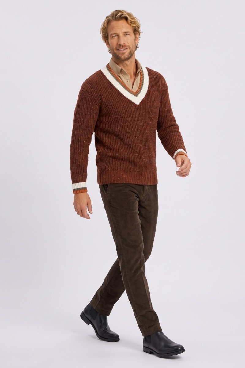 Tile-colored 100% Cotton V-Neck Sweater - 3