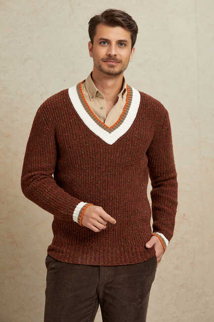 Tile-colored 100% Cotton V-Neck Sweater 