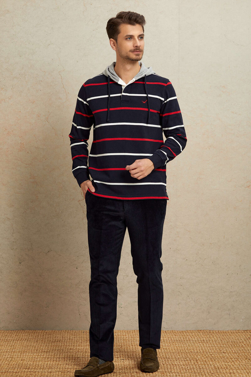 Navy Blue - Red 100% Cotton Hooded Sweatshirt - 3