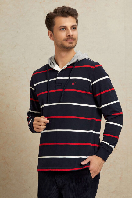 Navy Blue - Red 100% Cotton Hooded Sweatshirt - 4