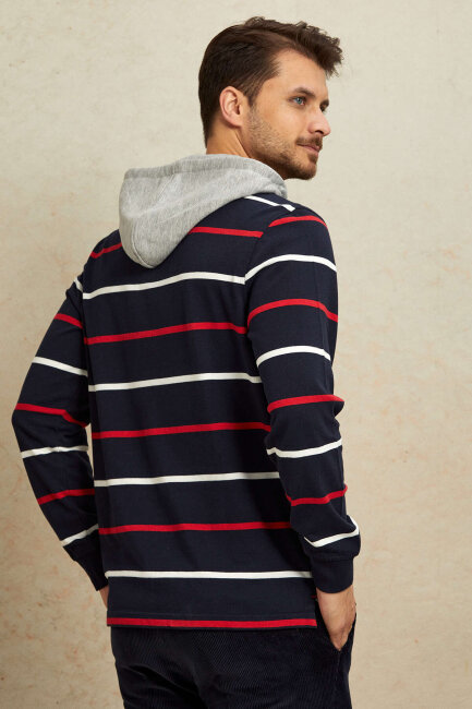 Navy Blue - Red 100% Cotton Hooded Sweatshirt - 6