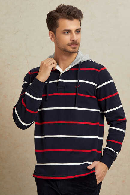 Navy Blue - Red 100% Cotton Hooded Sweatshirt - 1