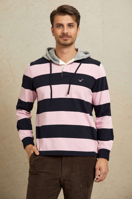 Lacivert - Pembe %100 Pamuk Kapüşonlu Sweatshirt - 5