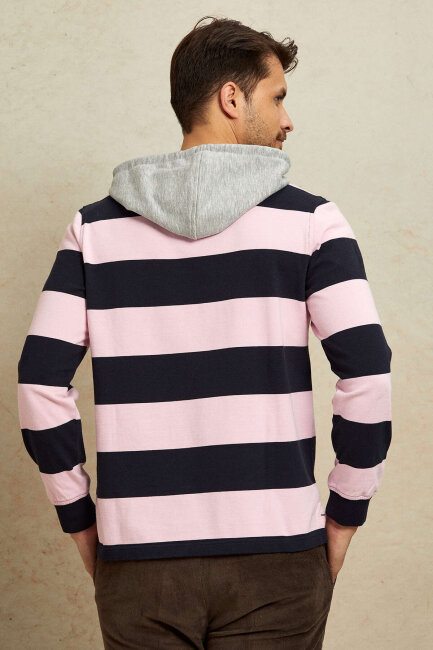 Lacivert - Pembe %100 Pamuk Kapüşonlu Sweatshirt - 6