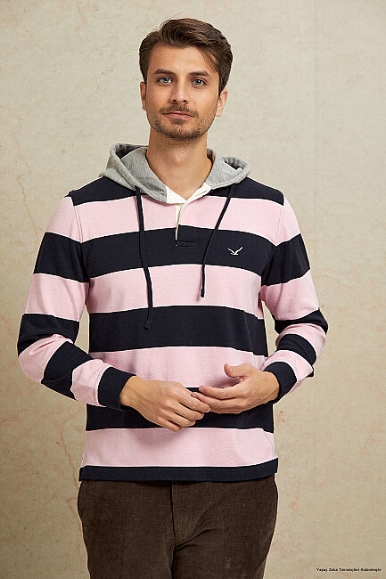 Lacivert - Pembe %100 Pamuk Kapüşonlu Sweatshirt 