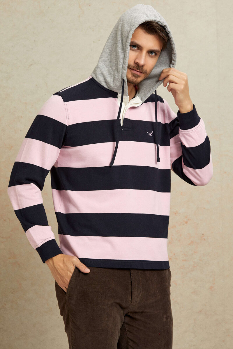 Lacivert - Pembe %100 Pamuk Kapüşonlu Sweatshirt - 7