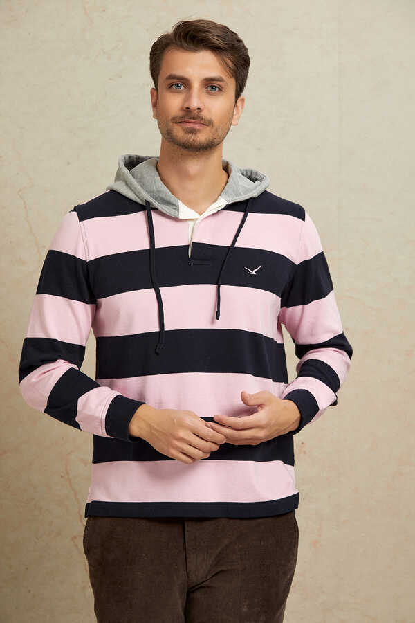 Lacivert - Pembe %100 Pamuk Kapüşonlu Sweatshirt - 1