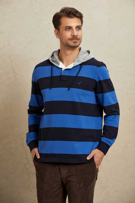 Lacivert - Royal %100 Pamuk Kapüşonlu Sweatshirt - 1