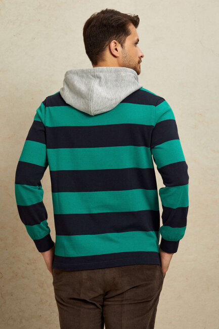 Lacivert - Yeşil %100 Pamuk Kapüşonlu Sweatshirt - 7