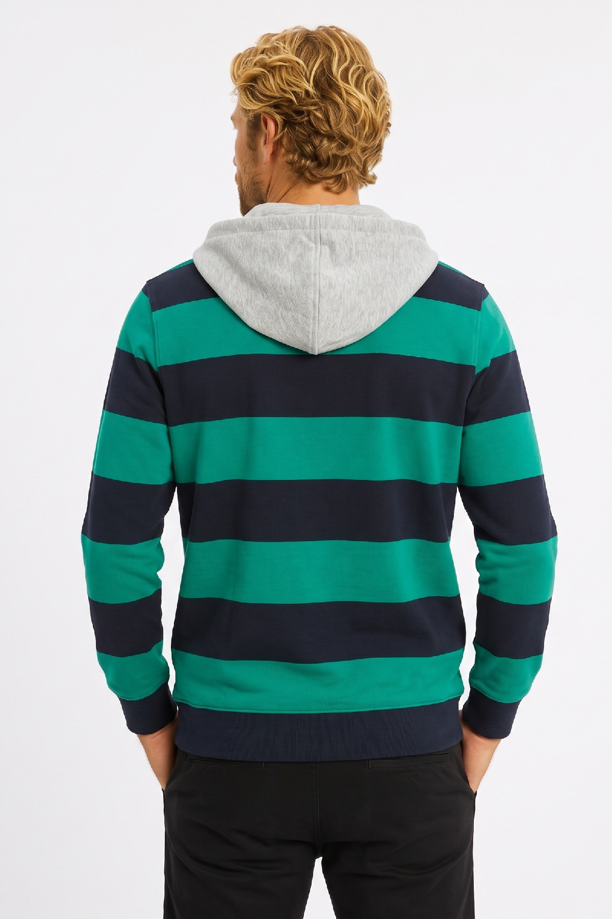 Lacivert - Yeşil %100 Pamuk Kapüşonlu Sweatshirt - 5