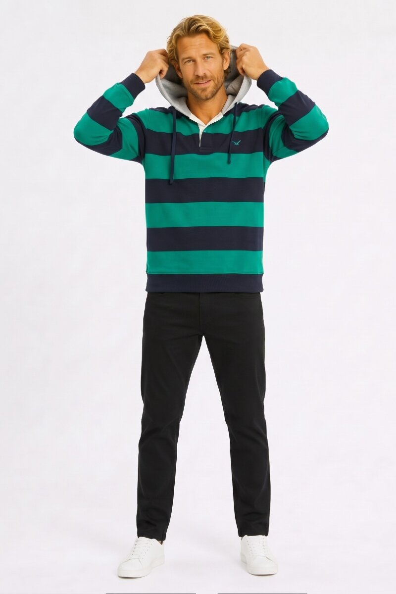 Lacivert - Yeşil %100 Pamuk Kapüşonlu Sweatshirt (1)