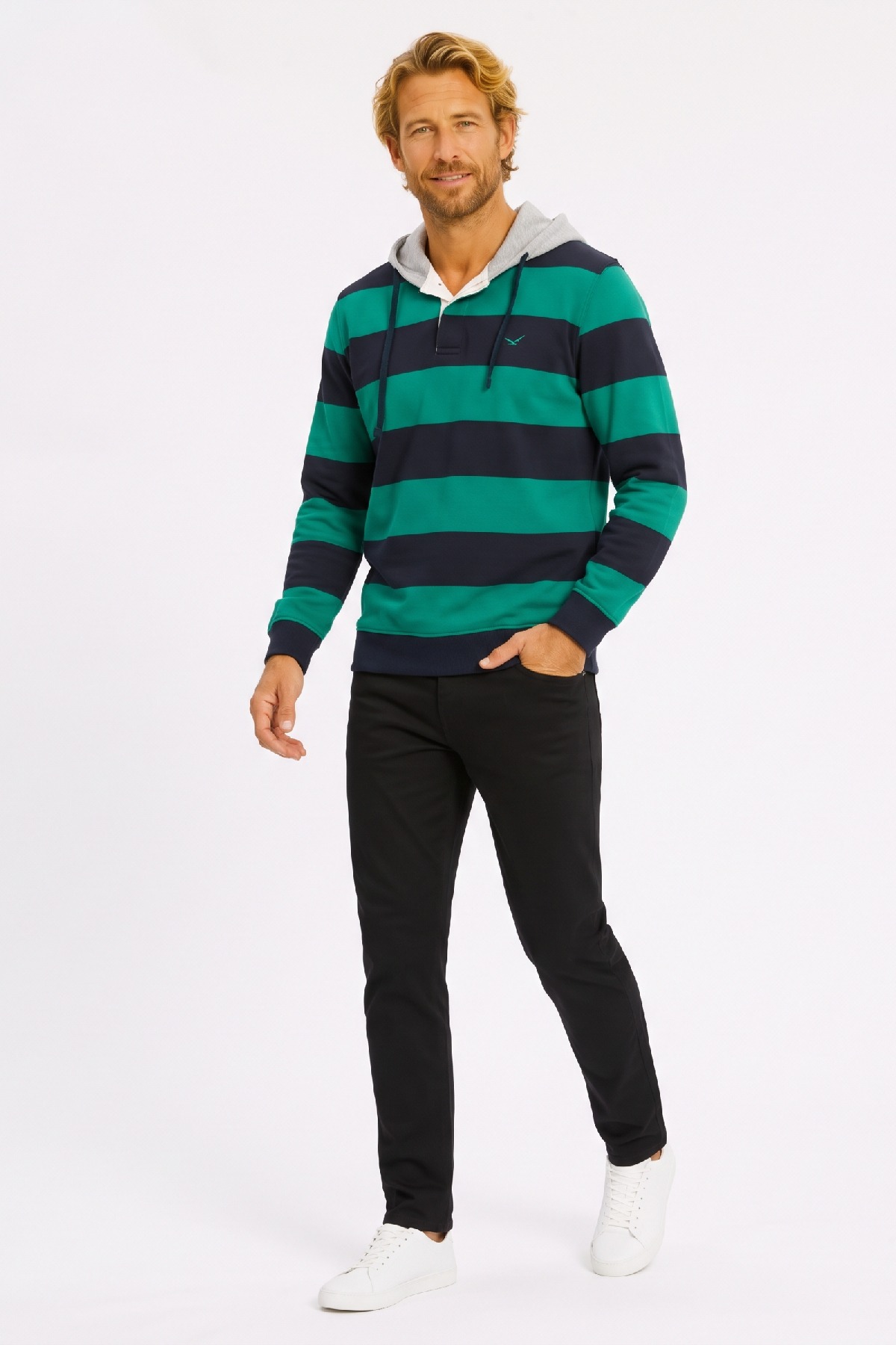 Lacivert - Yeşil %100 Pamuk Kapüşonlu Sweatshirt - 3