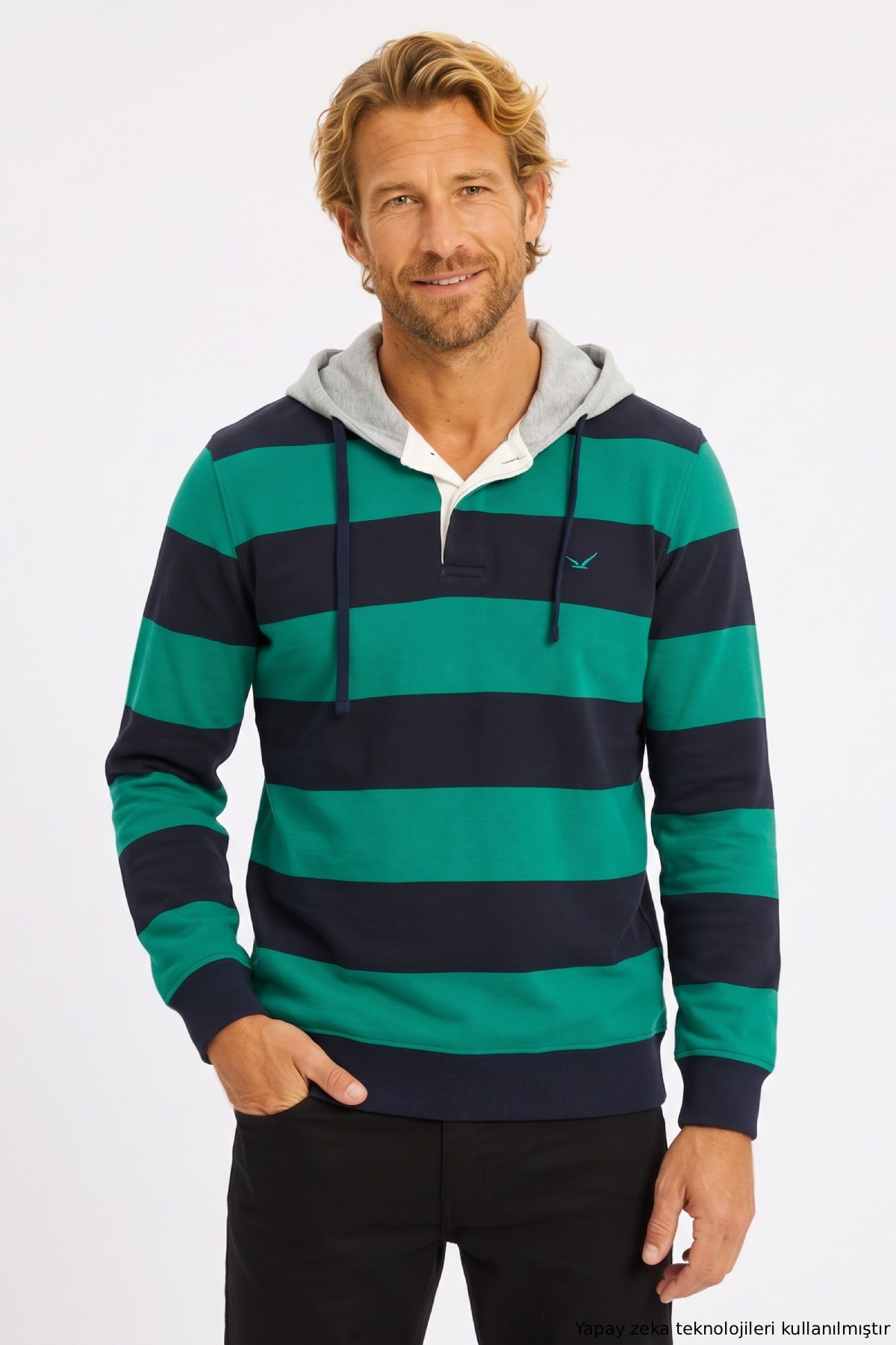 Lacivert - Yeşil %100 Pamuk Kapüşonlu Sweatshirt - 1