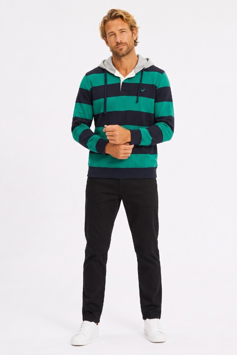 Lacivert - Yeşil %100 Pamuk Kapüşonlu Sweatshirt - 4