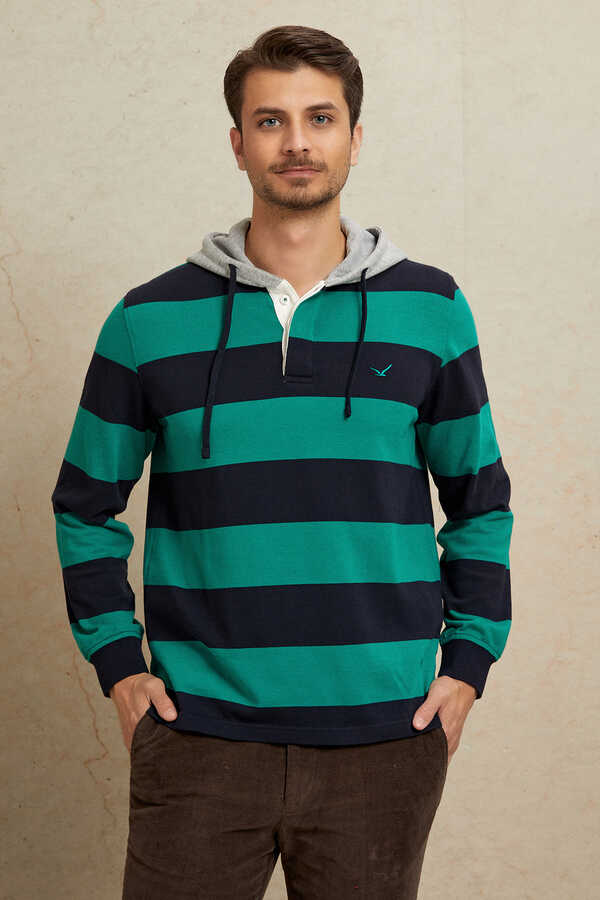 Lacivert - Yeşil %100 Pamuk Kapüşonlu Sweatshirt