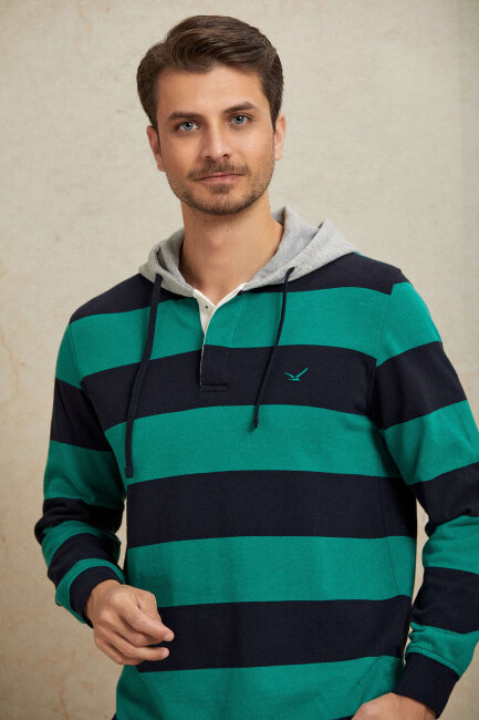 Lacivert - Yeşil %100 Pamuk Kapüşonlu Sweatshirt - 2