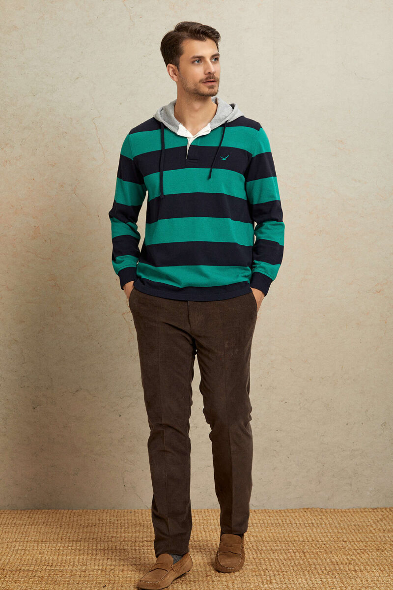 Lacivert - Yeşil %100 Pamuk Kapüşonlu Sweatshirt - 3