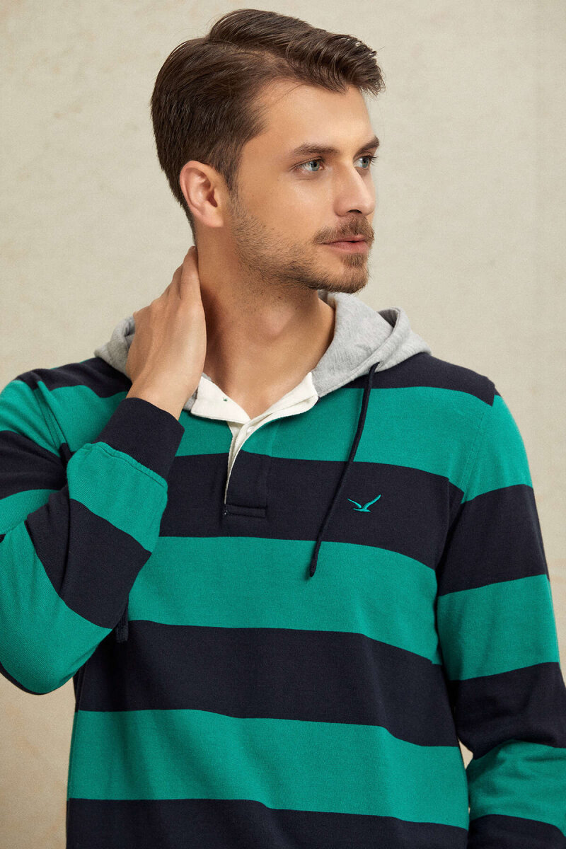 Lacivert - Yeşil %100 Pamuk Kapüşonlu Sweatshirt - 4