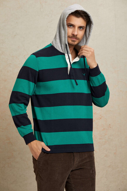 Lacivert - Yeşil %100 Pamuk Kapüşonlu Sweatshirt - 8