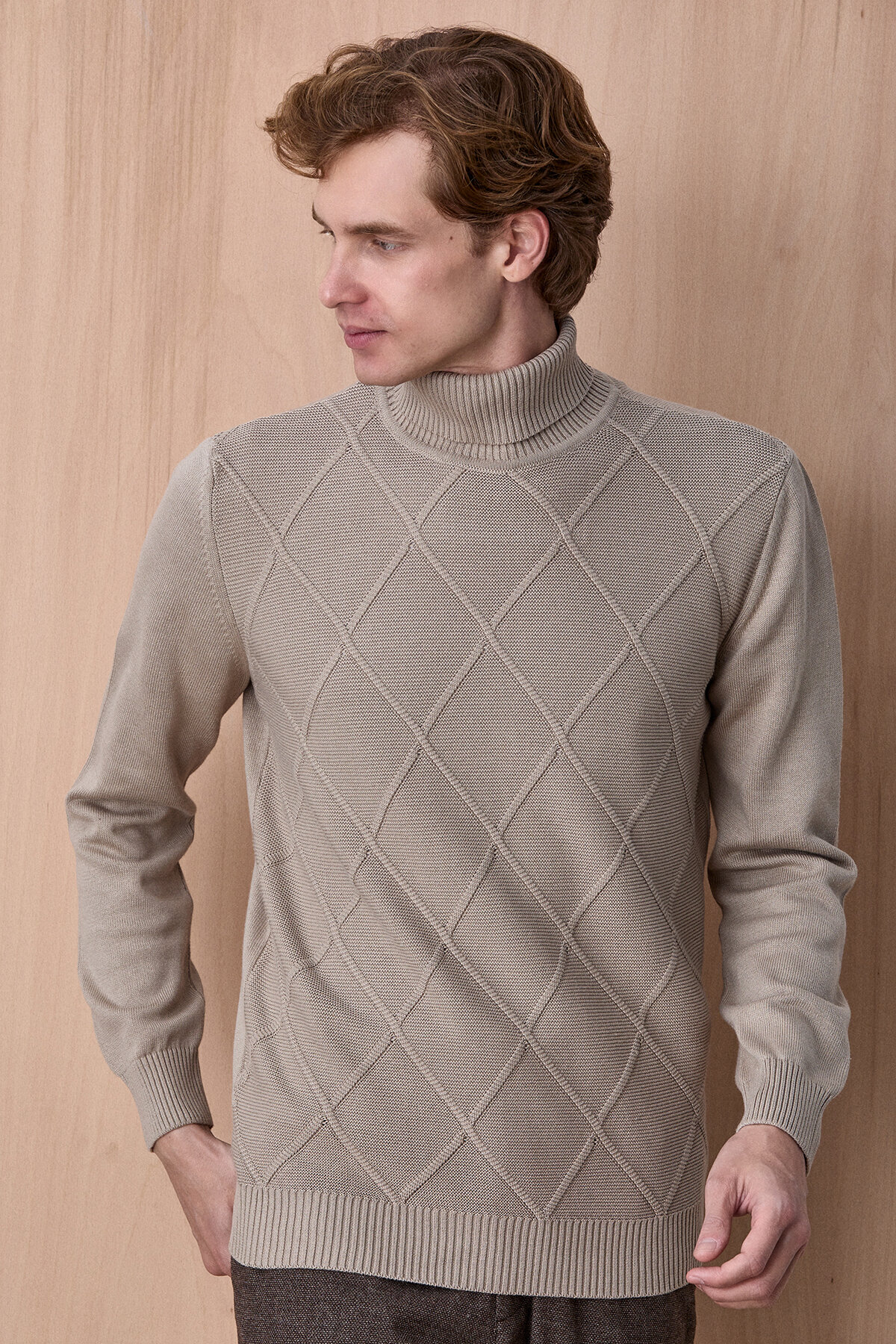 Bej %100 Pamuk Bisiklet Yaka Kazak - 1