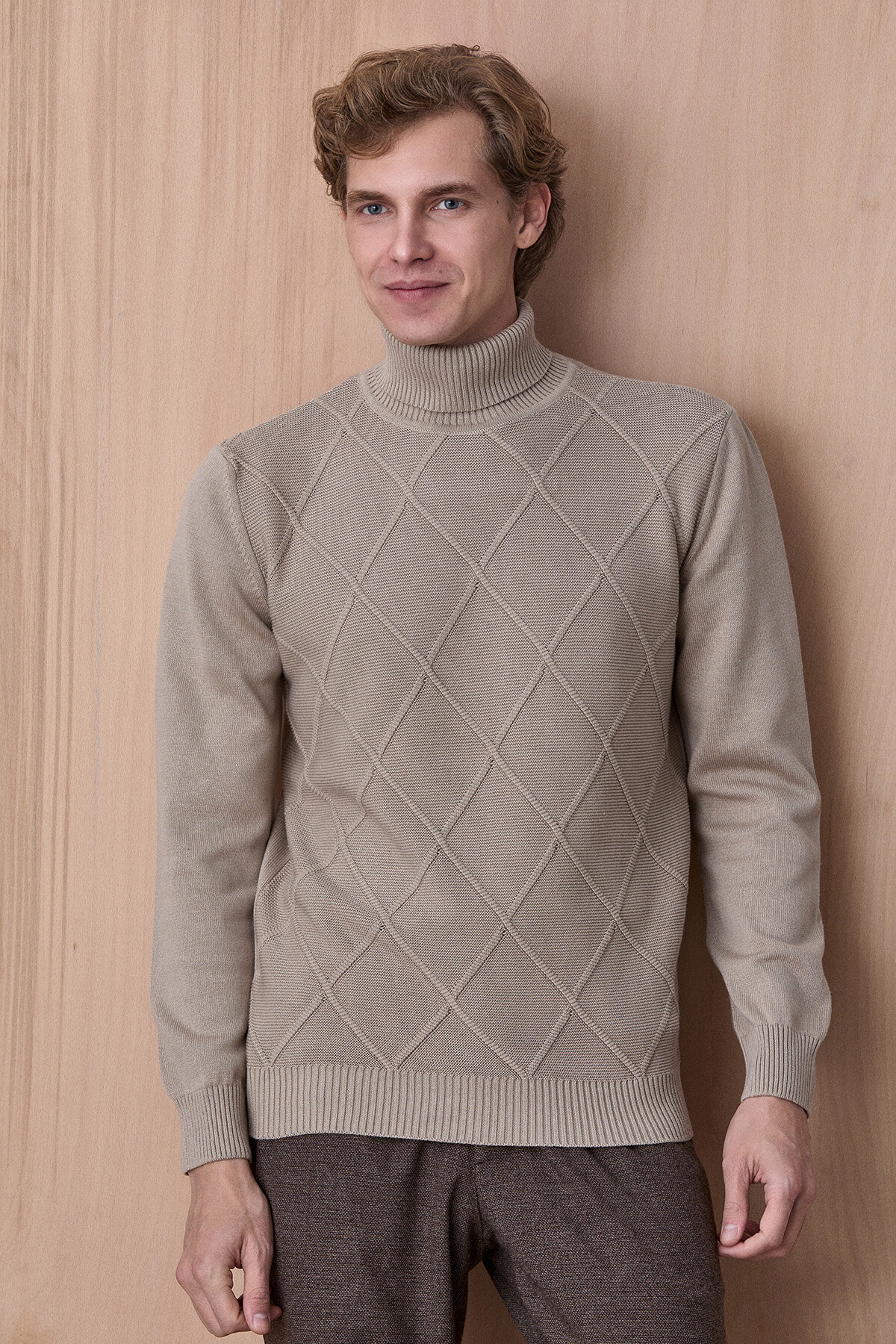 Bej %100 Pamuk Bisiklet Yaka Kazak - 4