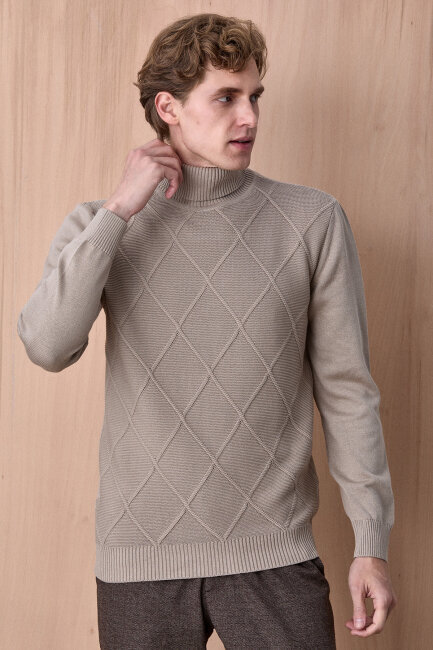 Bej %100 Pamuk Bisiklet Yaka Kazak - 3