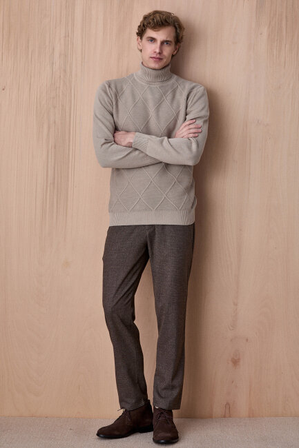 Bej %100 Pamuk Bisiklet Yaka Kazak - 5