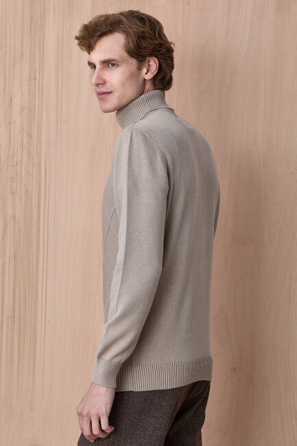 Bej %100 Pamuk Bisiklet Yaka Kazak - 6